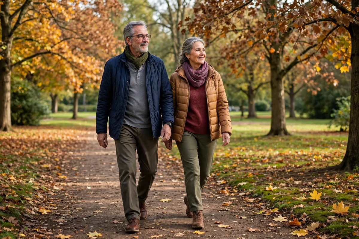 Senior couple walking together on a park path in autumn