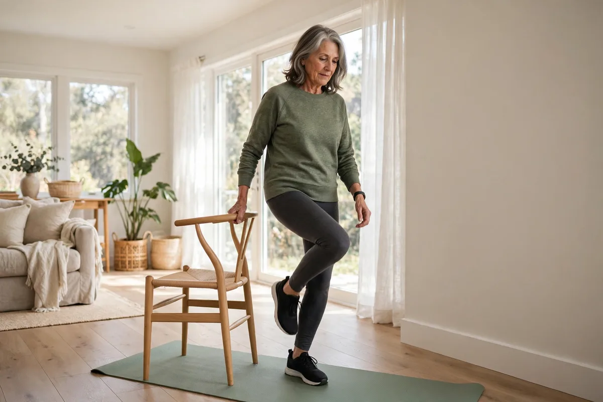 Woman in her 60s marching in place holding a chair in a bright living room