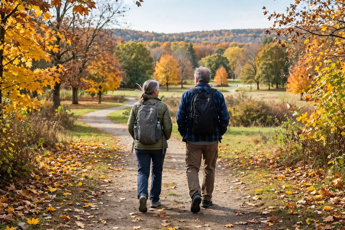 Couple in their 60s walking together on an autumn park path