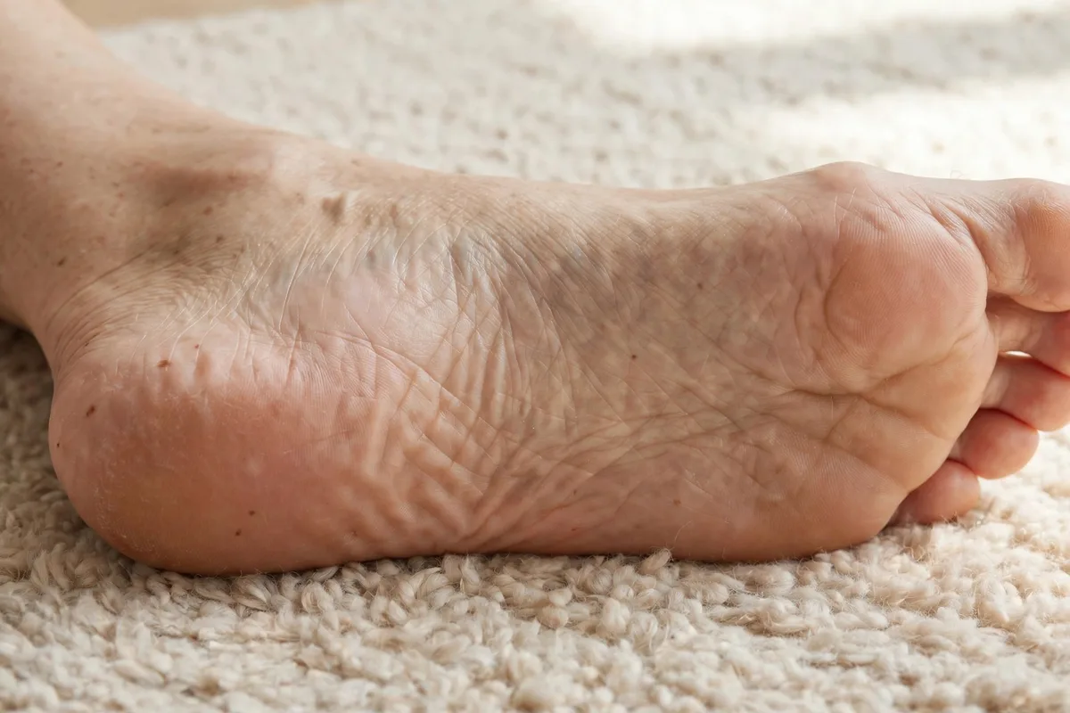 Close-up of the sole of a bare foot resting on a soft rug in daylight