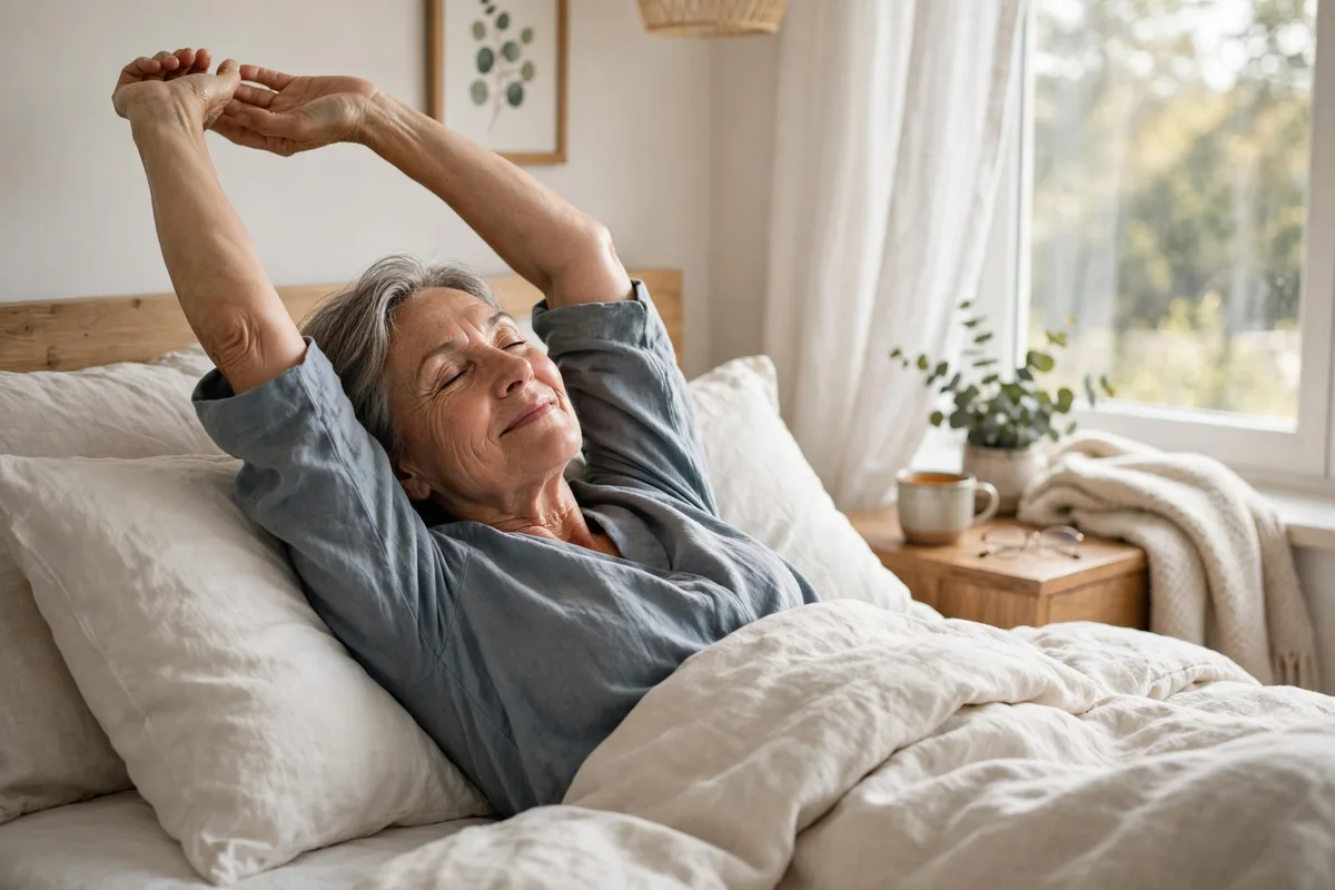Older woman waking up and stretching in a bright bedroom in the morning