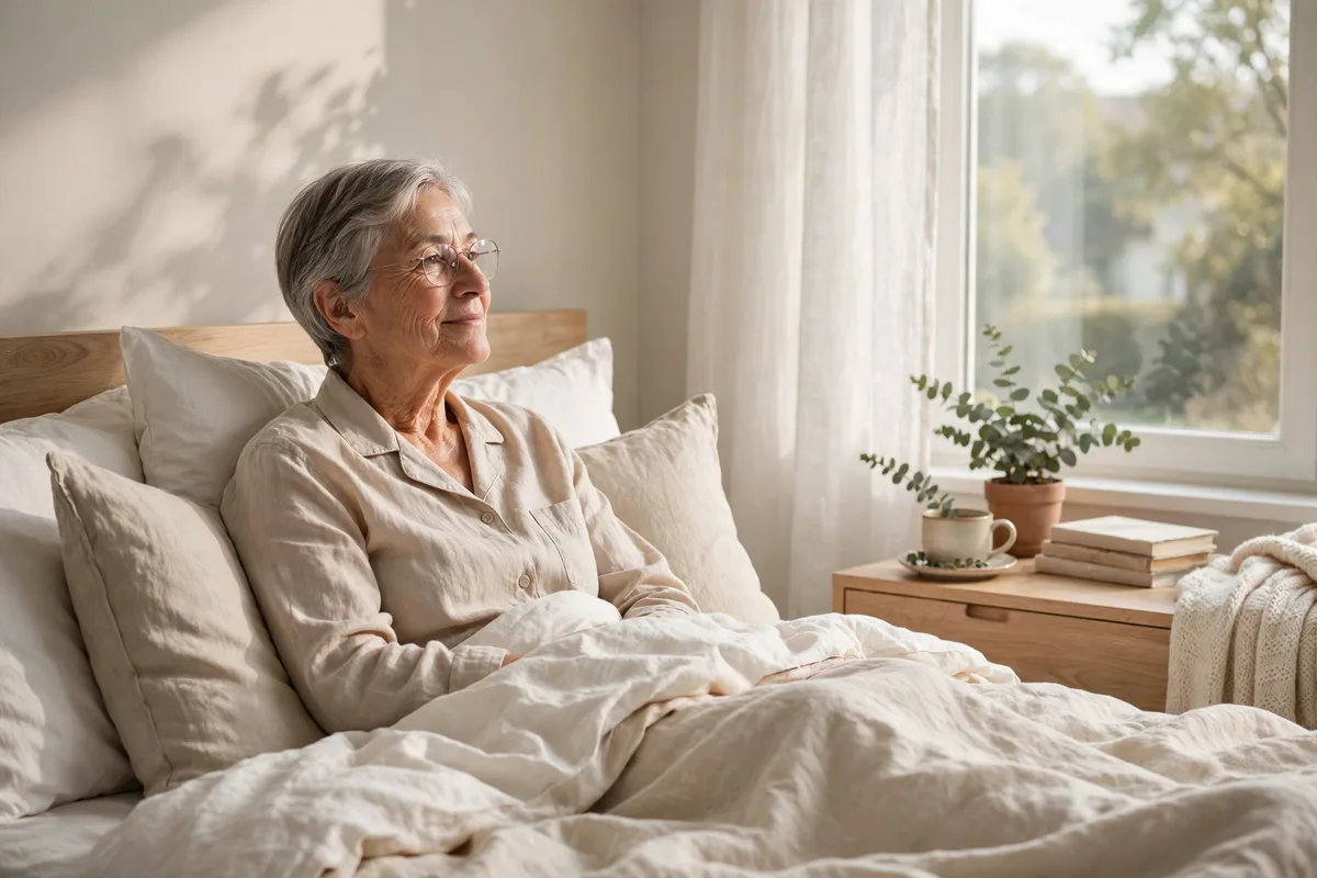 Older person sitting up in bed in a bright bedroom in the morning