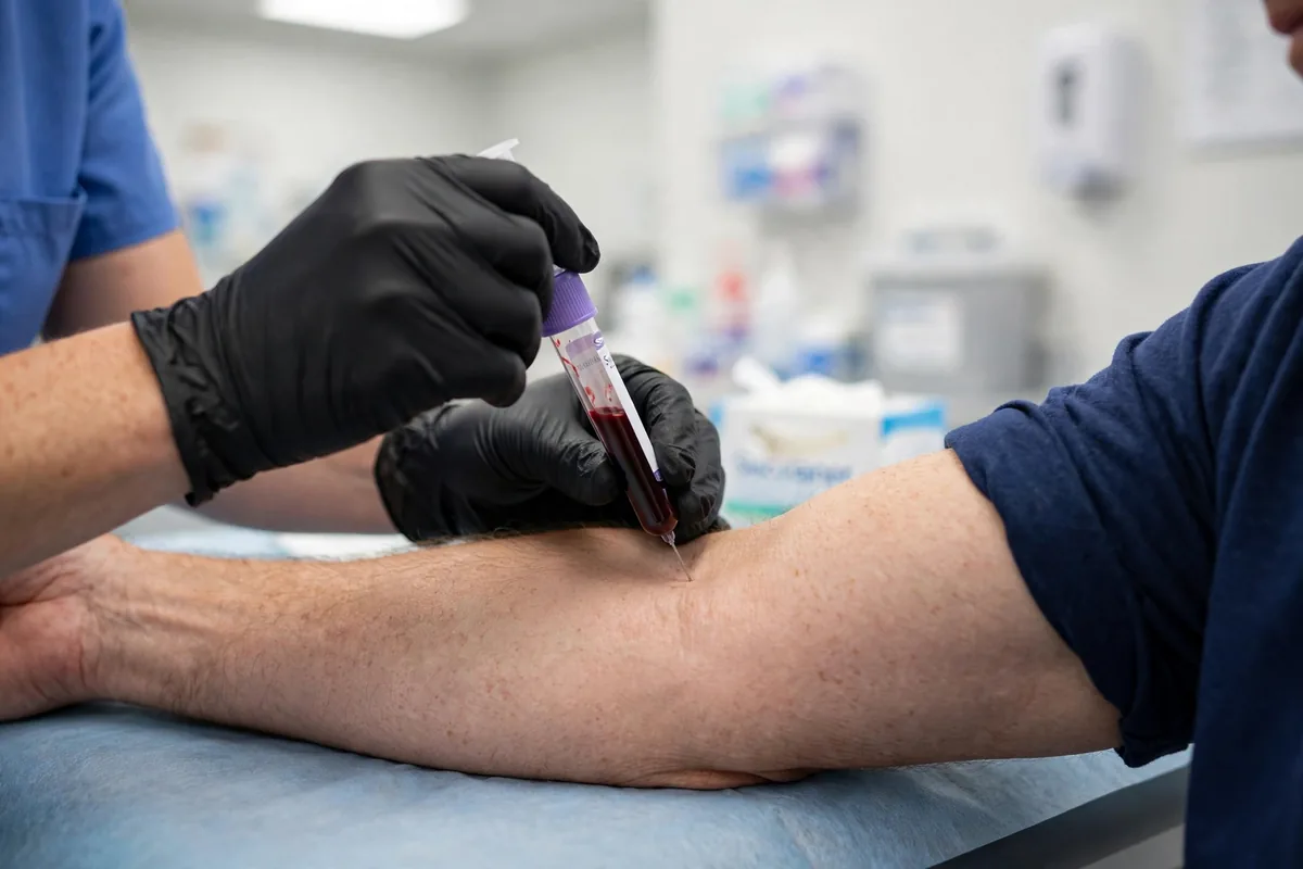 Nurse drawing blood from a middle-aged man's arm in a bright clinic