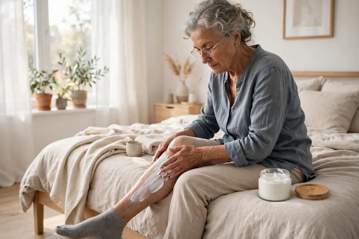 Older adult applying thick moisturizing cream to the shin