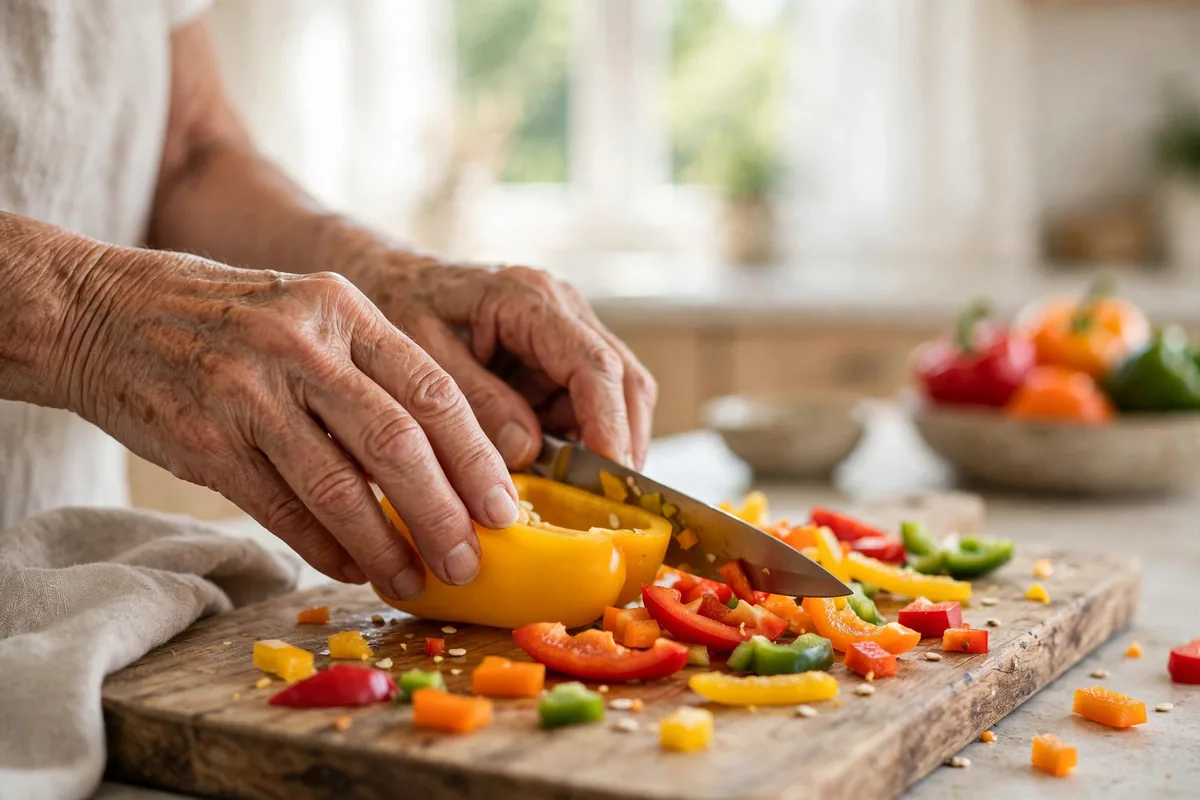 Older woman's hands chopping colorful bell peppers on a wooden cutting board