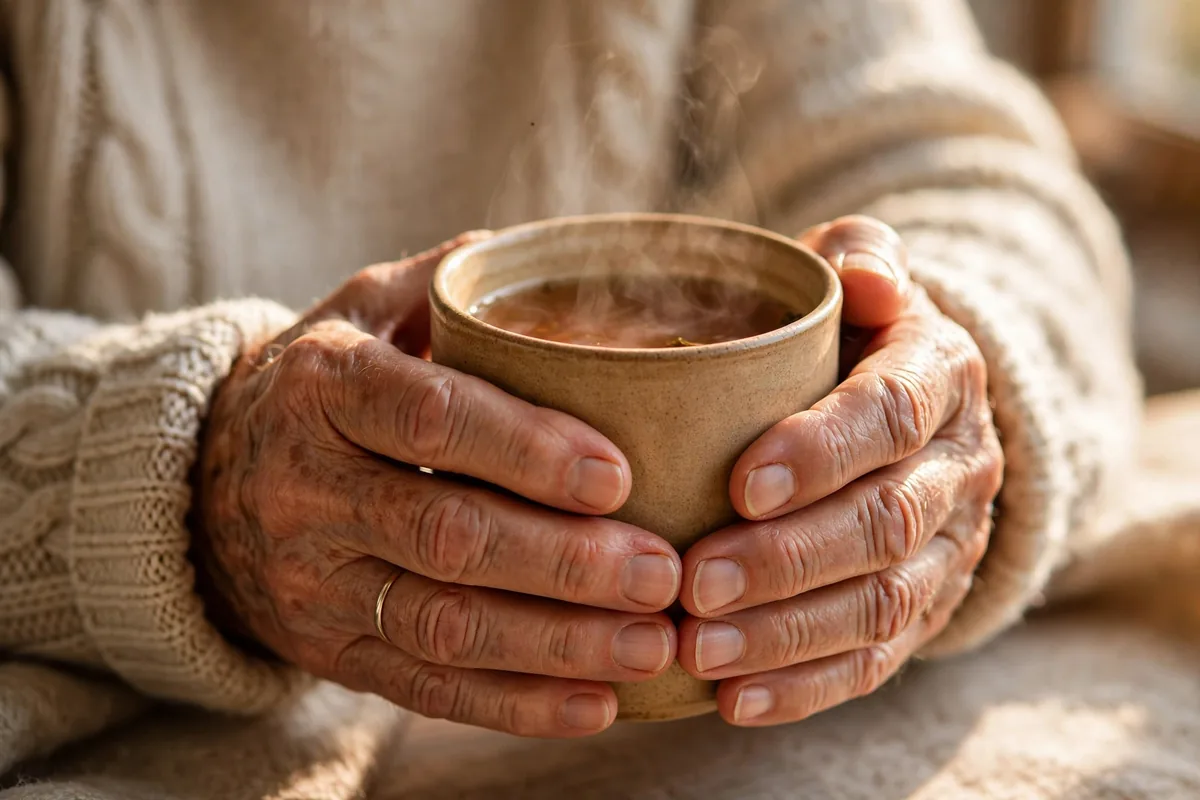Senior hands wrapped around a warm ceramic mug of tea