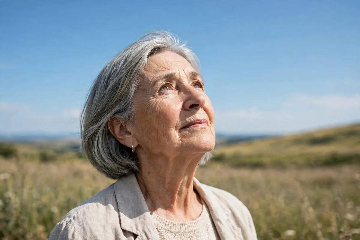 Senior woman looking up at a clear blue sky