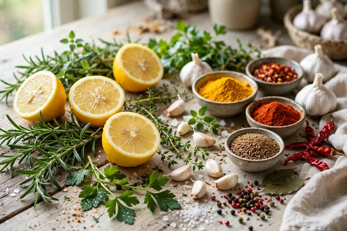 Fresh herbs, lemons, garlic and colorful spices on a counter