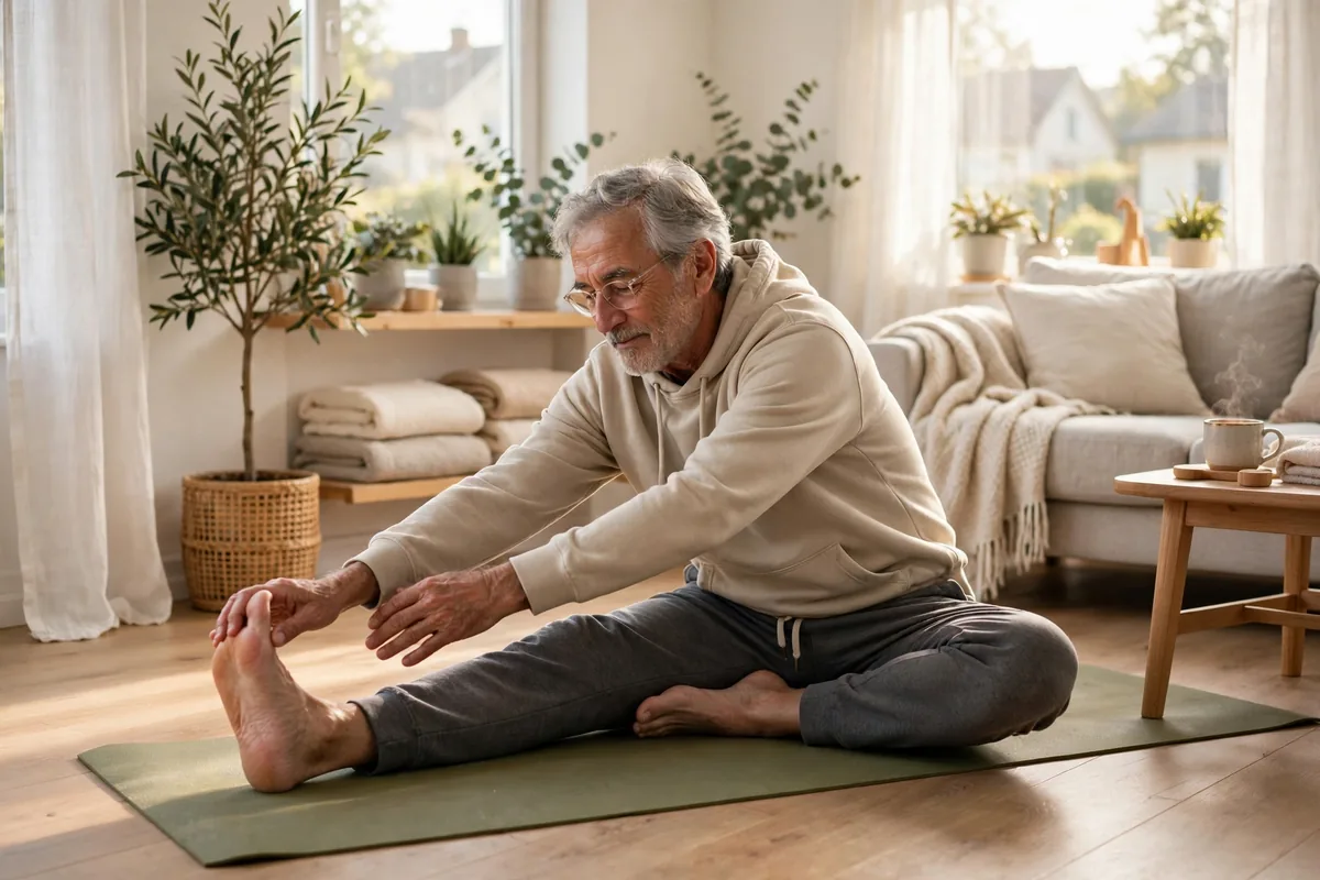 Senior man doing gentle leg stretches on a yoga mat