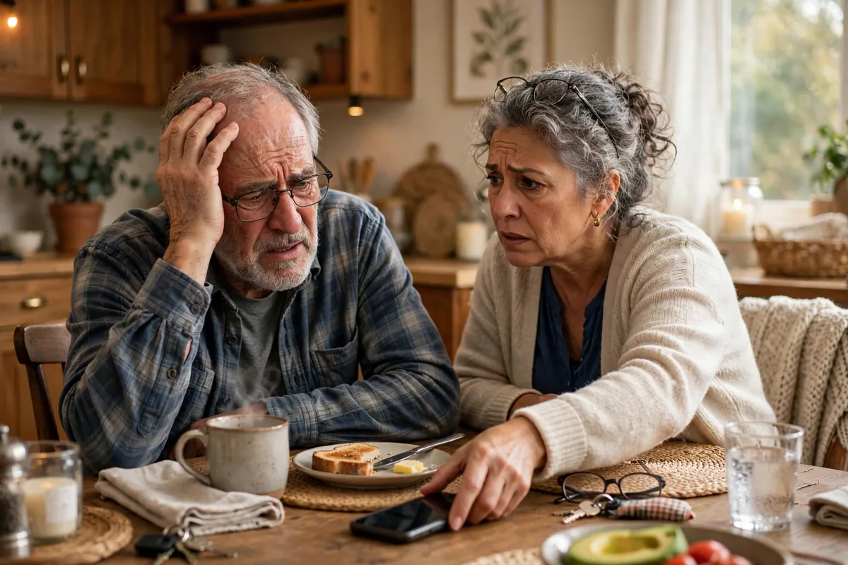 Older man looking confused and holding his head, wife reaching for a phone