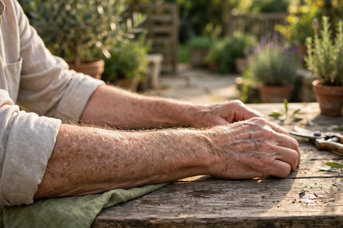 Older man's forearms resting on a garden table in warm sunlight