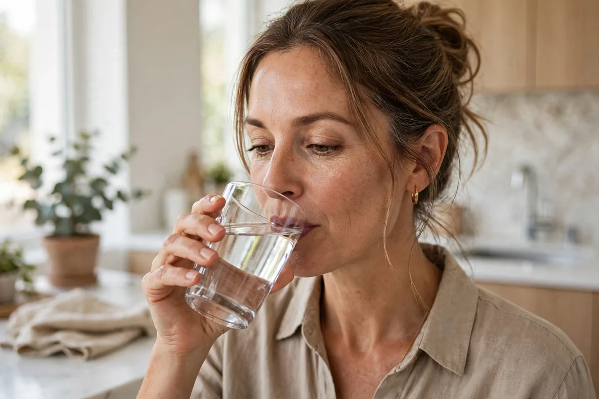 Woman in her 40s drinking a glass of water in a bright kitchen