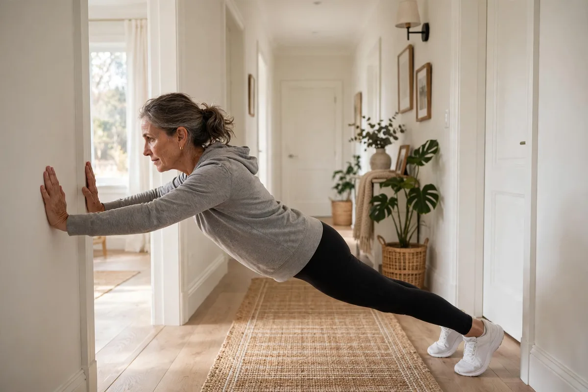 Woman in her late 50s doing a wall push-up in a home hallway