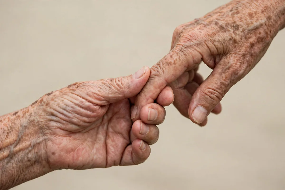 Older woman's hands, one gently holding a finger of the other