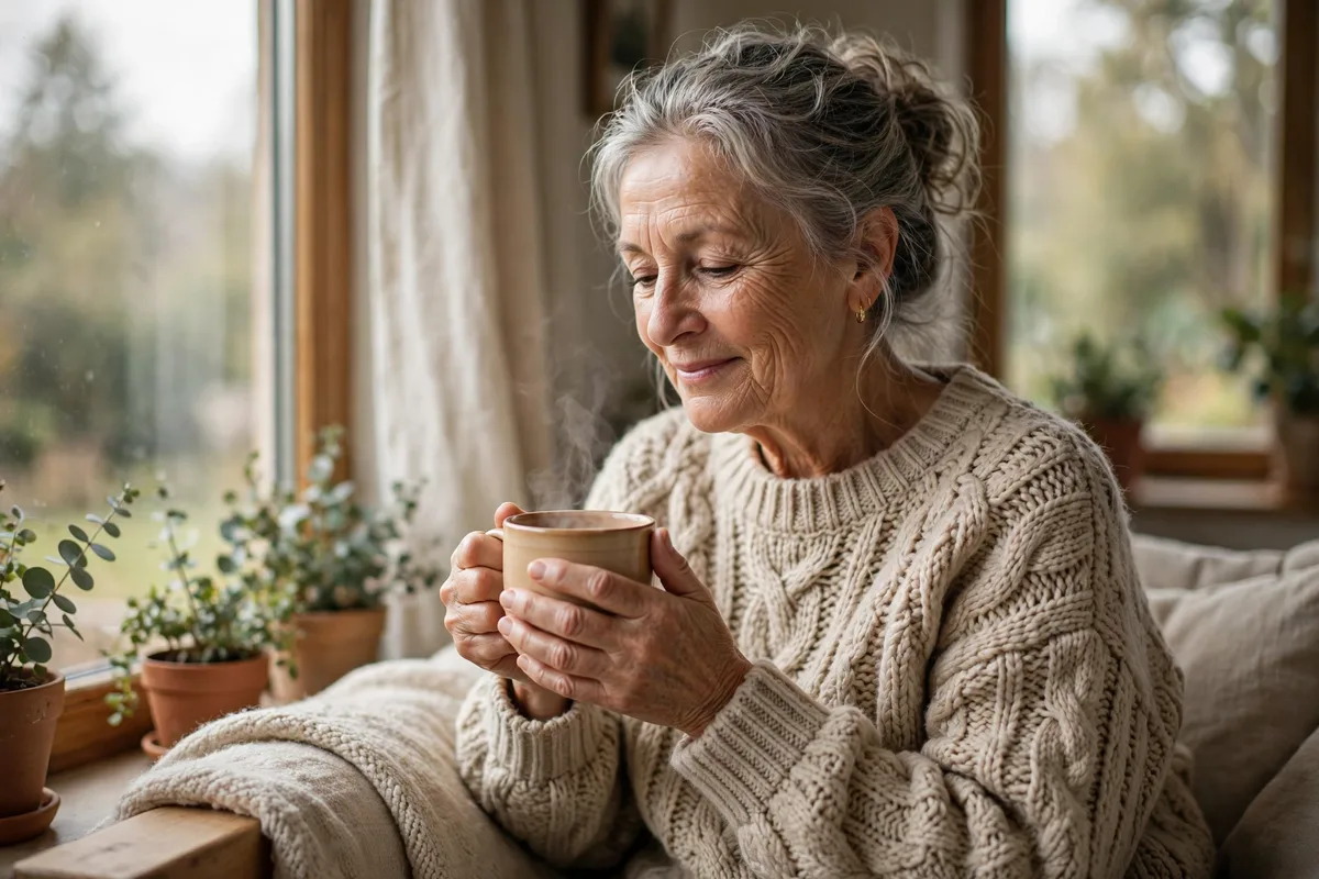 Older woman in a cozy knitted sweater holding a warm mug by a window