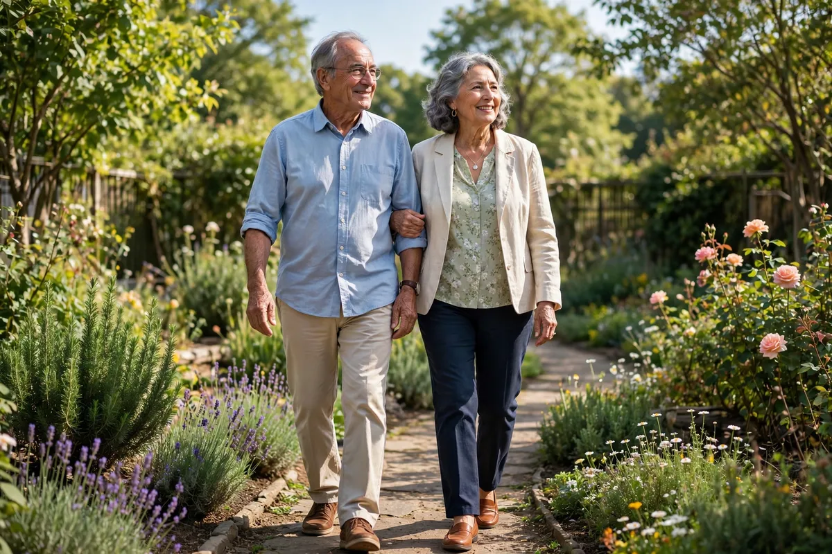 Older couple walking together on a garden path on a sunny day