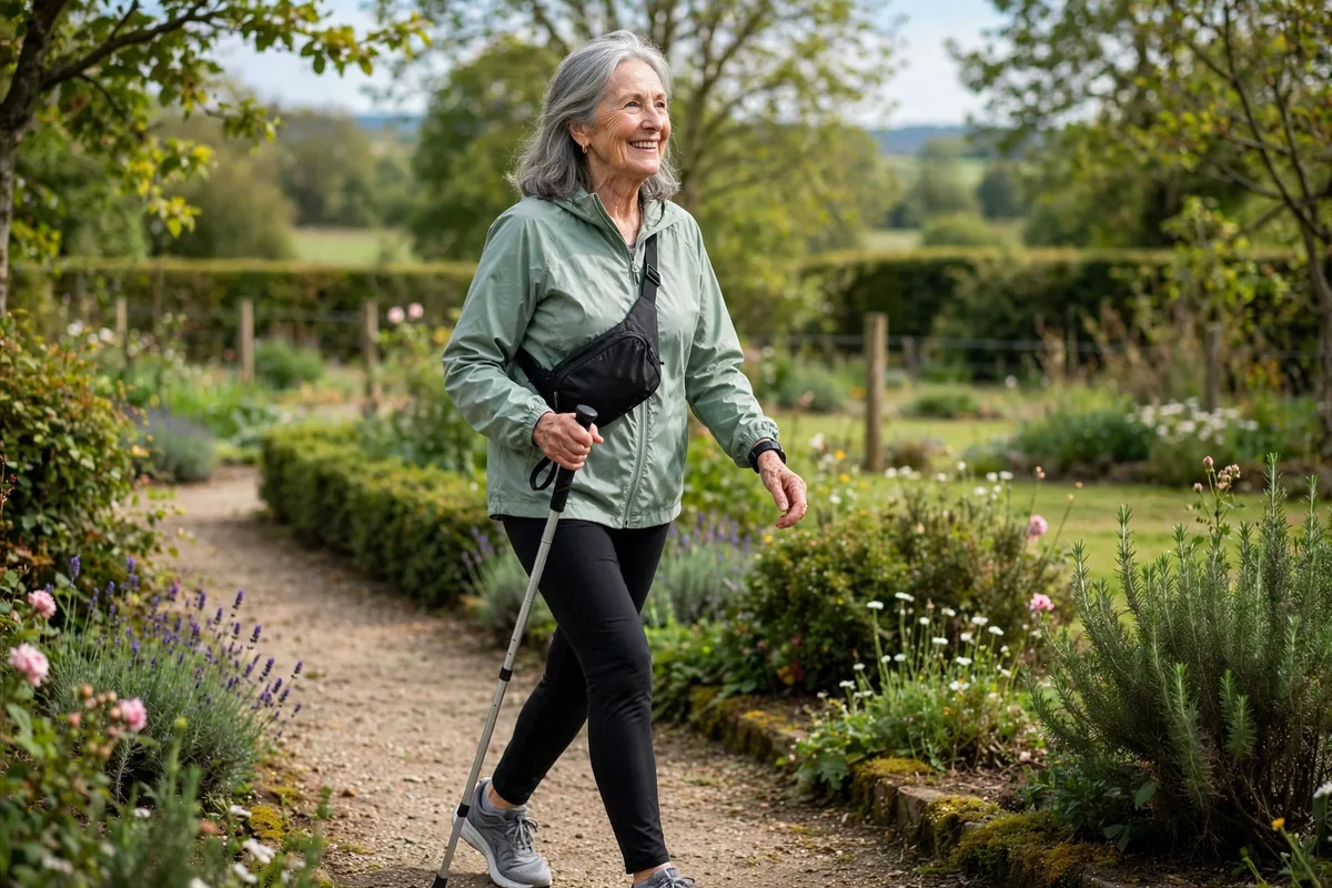 Senior woman walking outdoors with a walking stick on a garden path