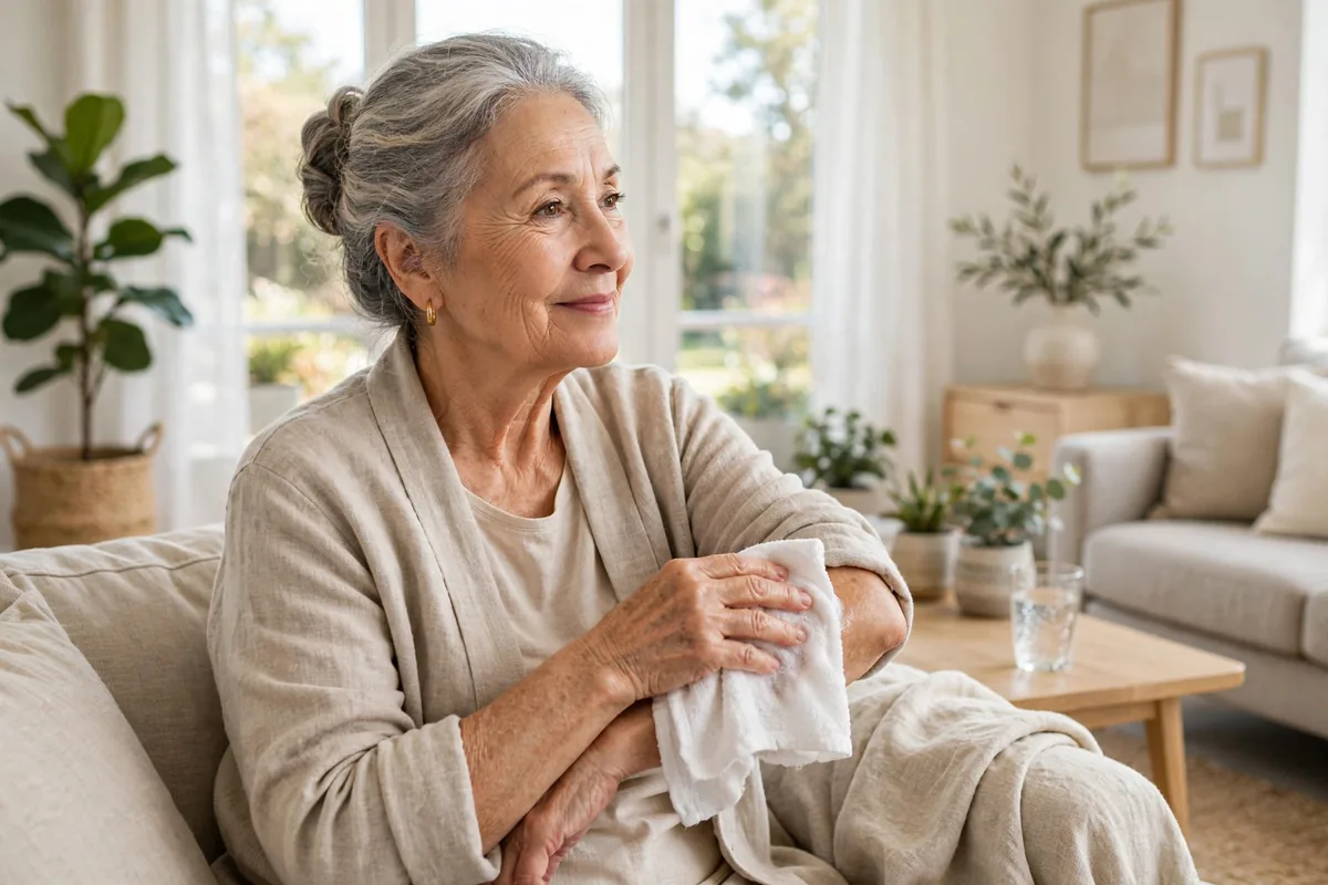 Senior woman pressing a cool damp washcloth against her arm
