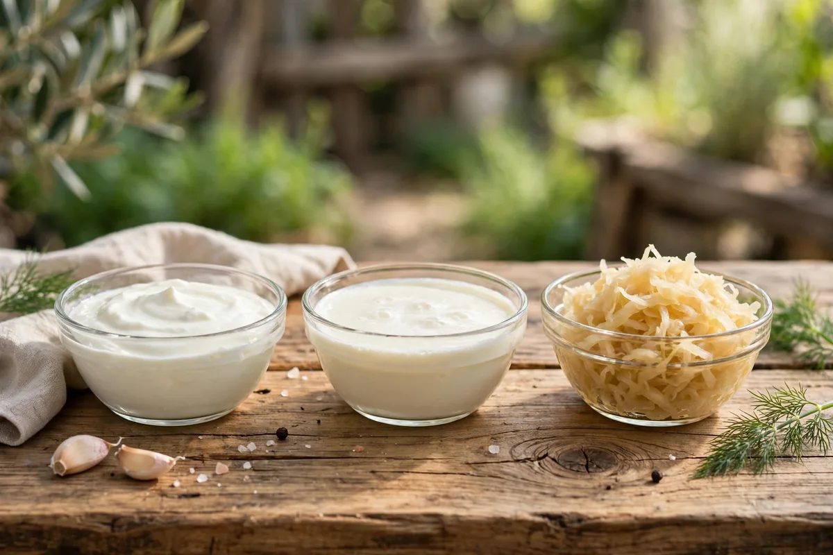 Glass bowls of yogurt, kefir, and sauerkraut on a wooden table