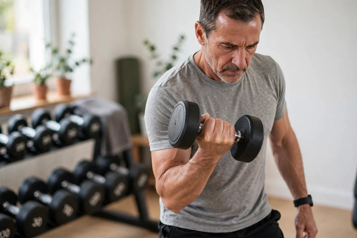 Man in his 50s lifting dumbbells in a bright home gym