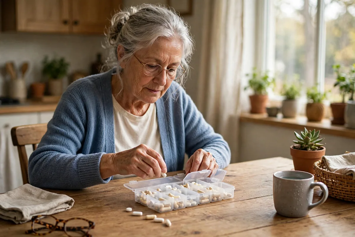 Senior woman organizing her weekly pill organizer with medication bottles