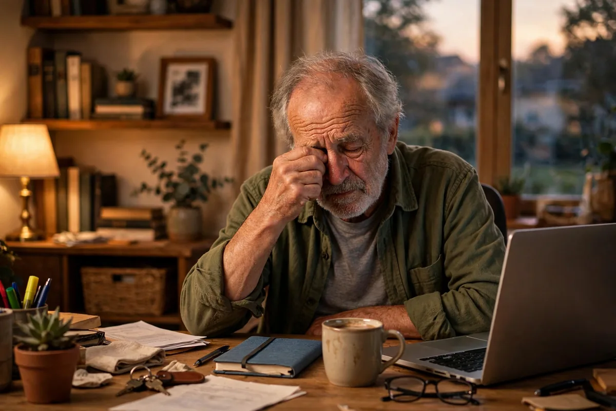 Senior man rubbing his tired eyes at a computer desk in a home office