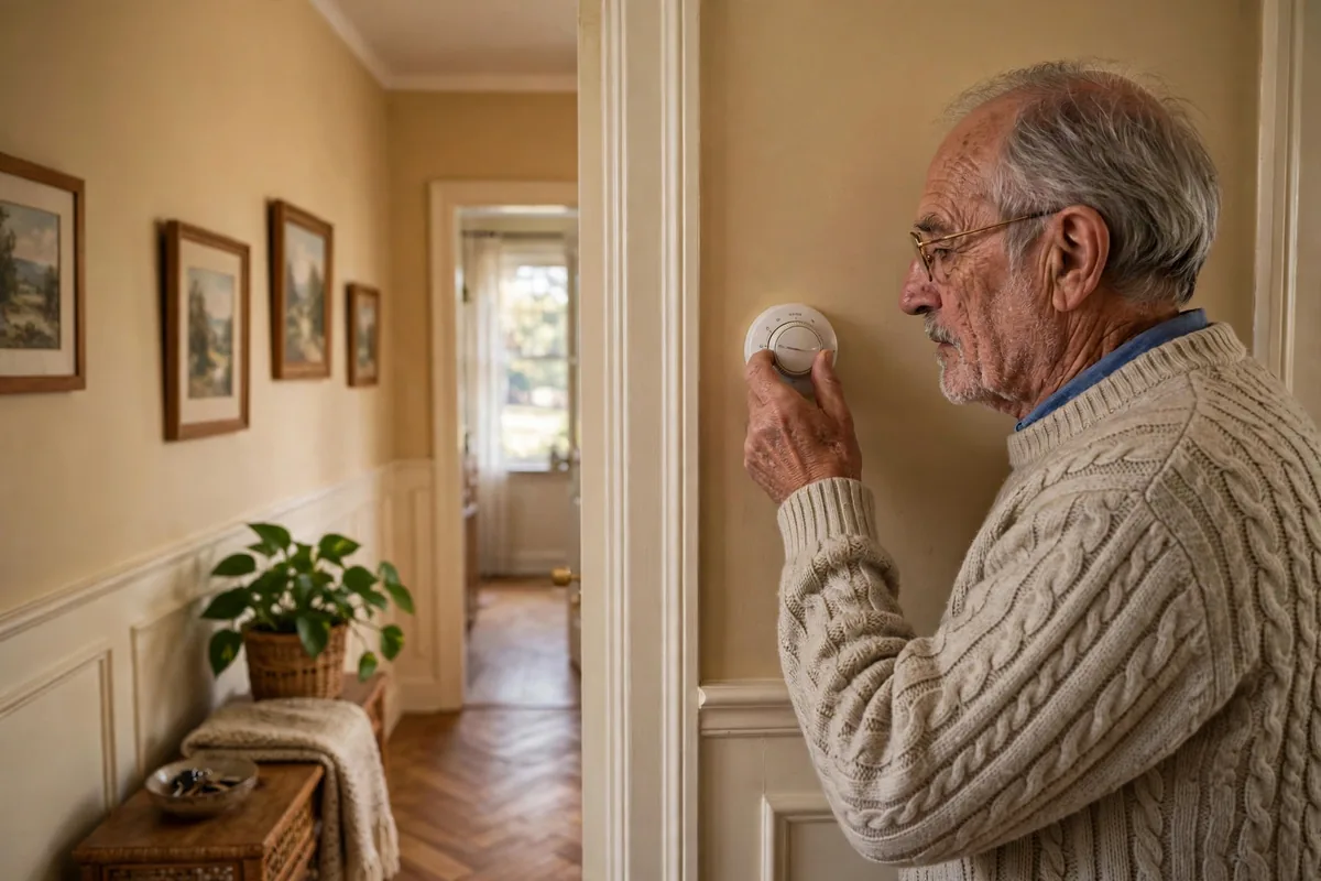Older man turning up a home wall thermostat