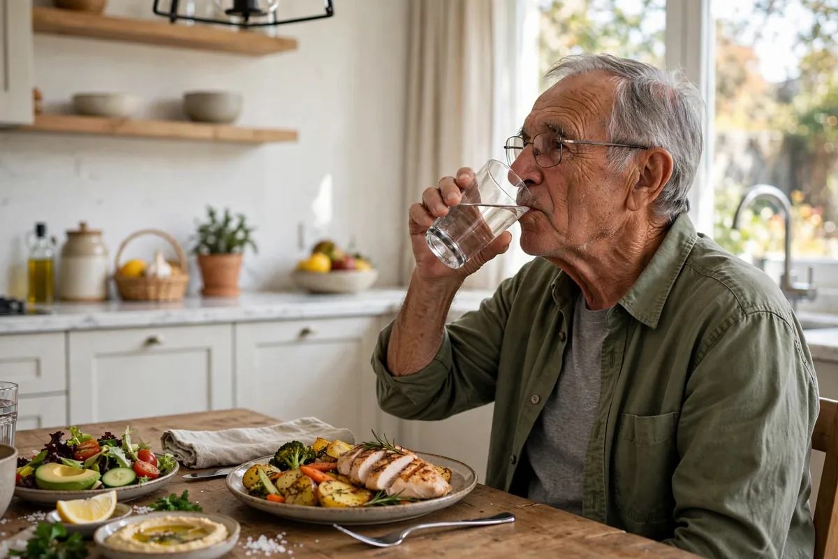 Senior man drinking a glass of water with his meal