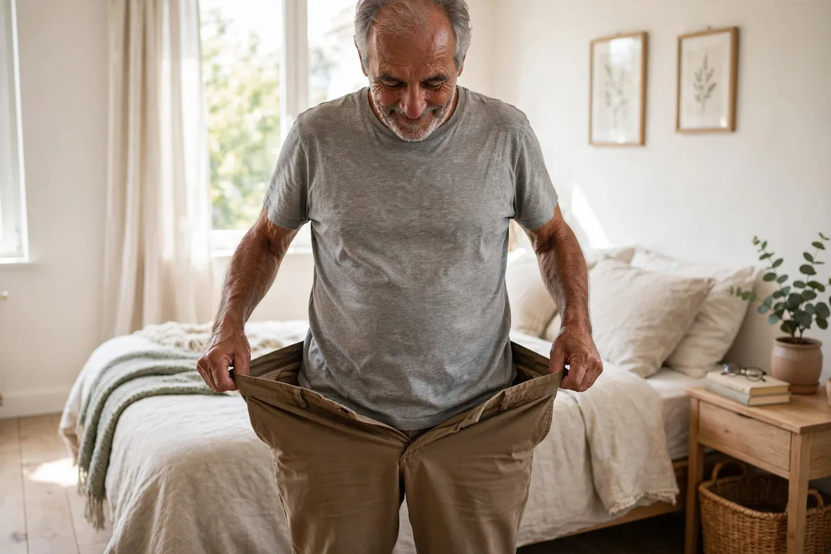 Older man holding out the loose waistband of his trousers showing weight loss