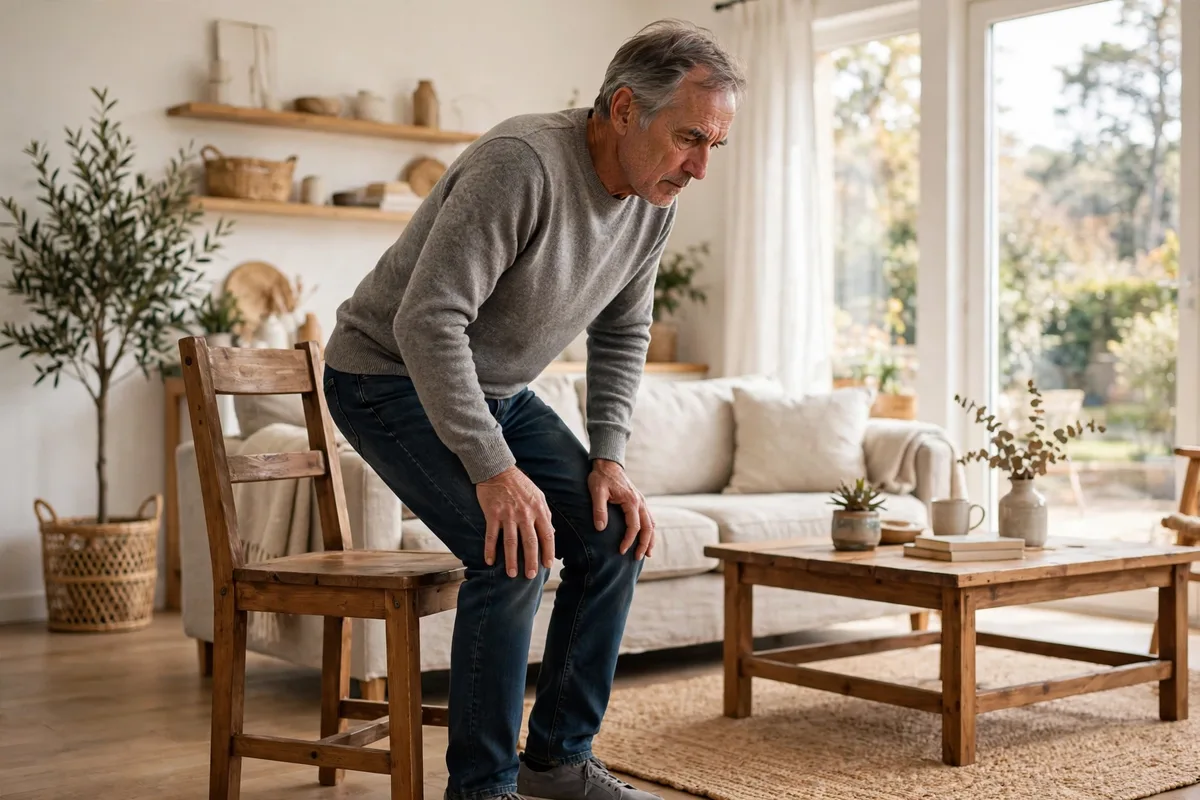 Man in his 60s doing a controlled sit-to-stand from a sturdy chair