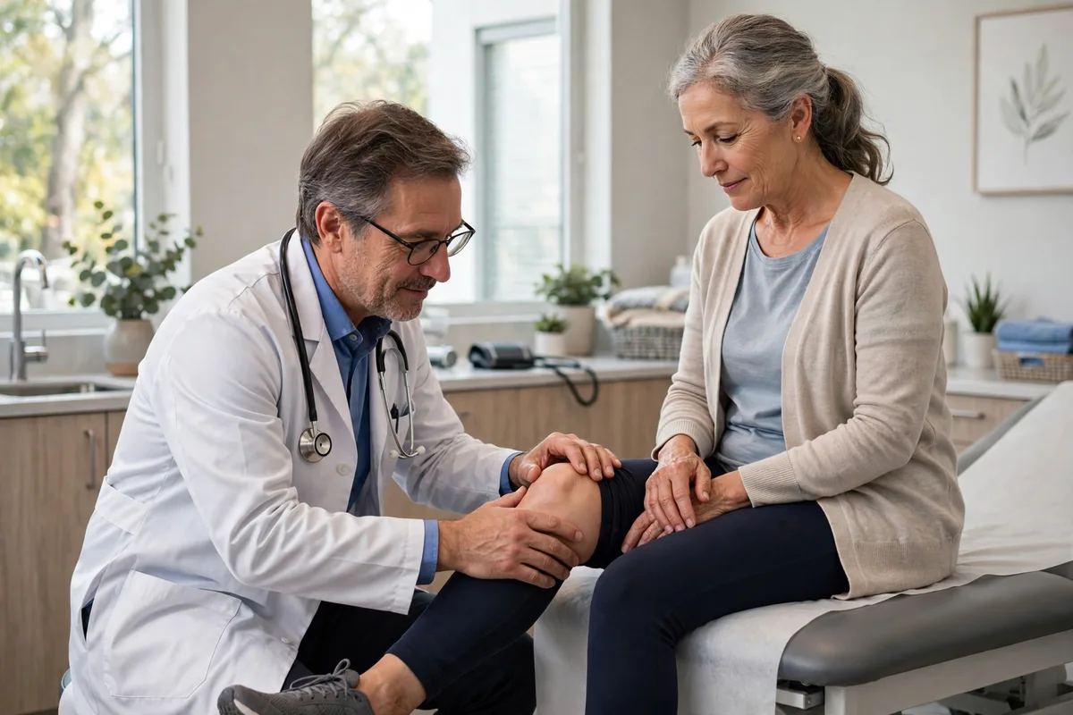 Doctor examining the knee of a female patient in a bright clinic