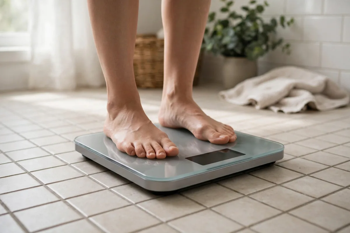Feet stepping onto a bathroom scale on a tiled bathroom floor