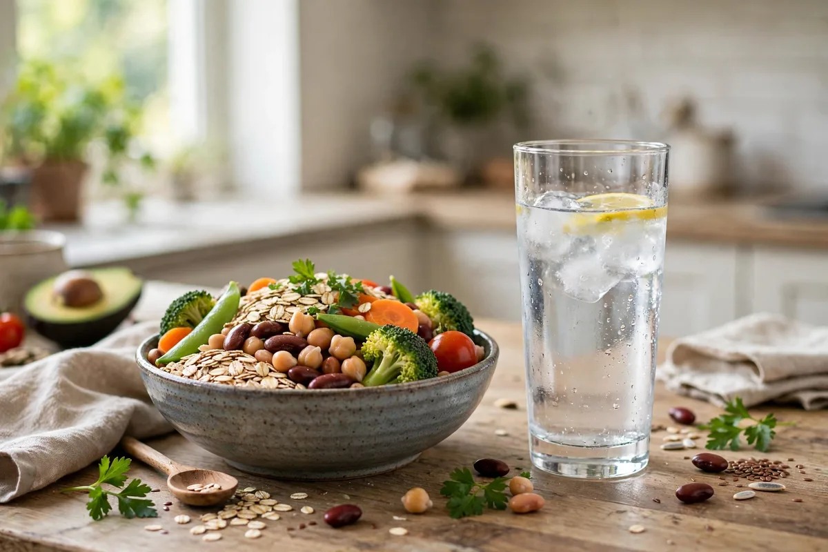 Glass of water next to a bowl of fiber-rich foods like oats, beans and vegetables