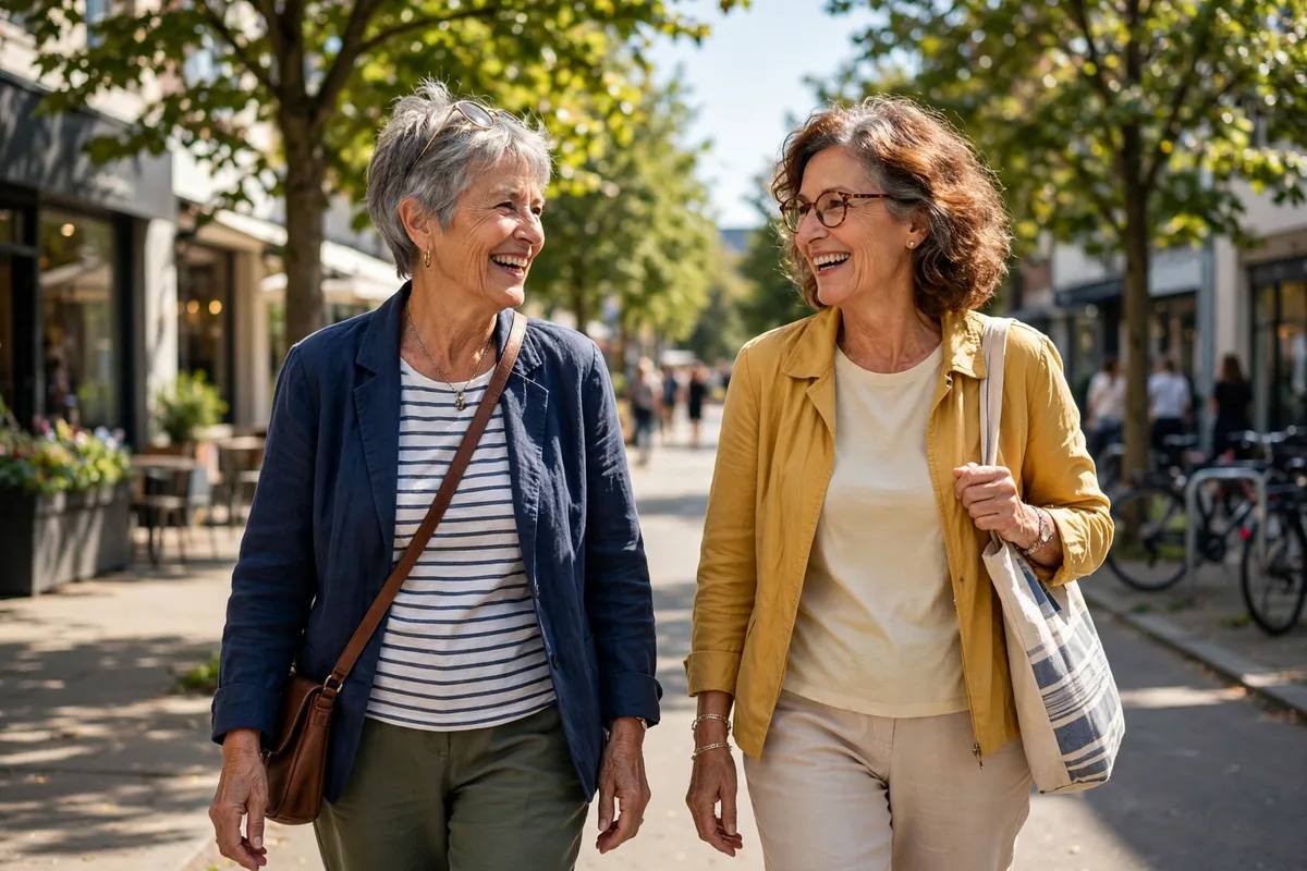 Smiling older woman walking outdoors on a sunny sidewalk with a friend