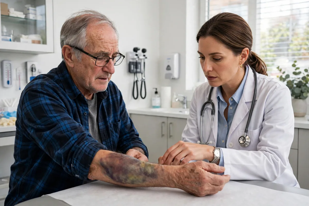 Senior man showing his bruised forearm to his doctor during a checkup