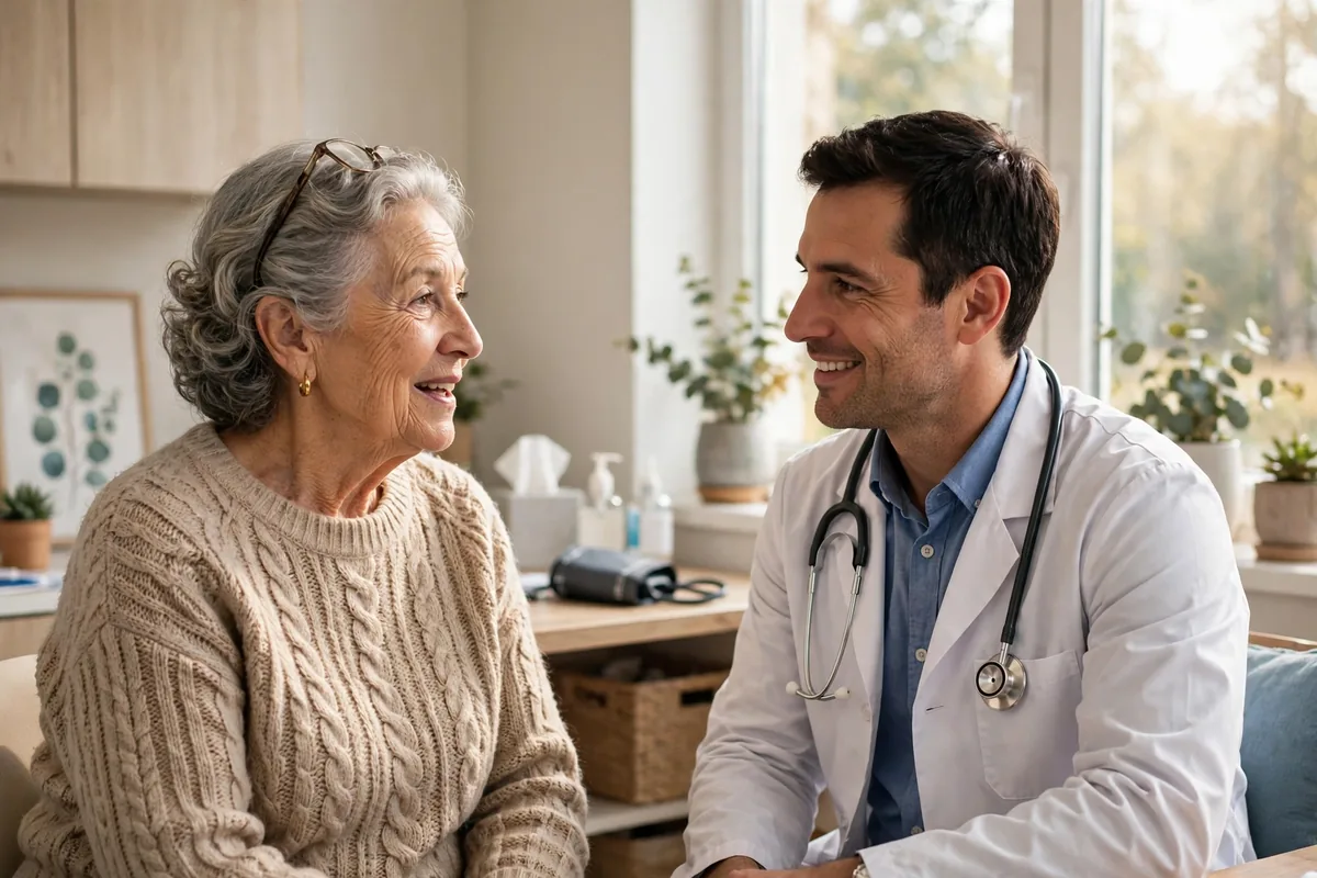 Senior woman talking with a doctor in a bright clinic