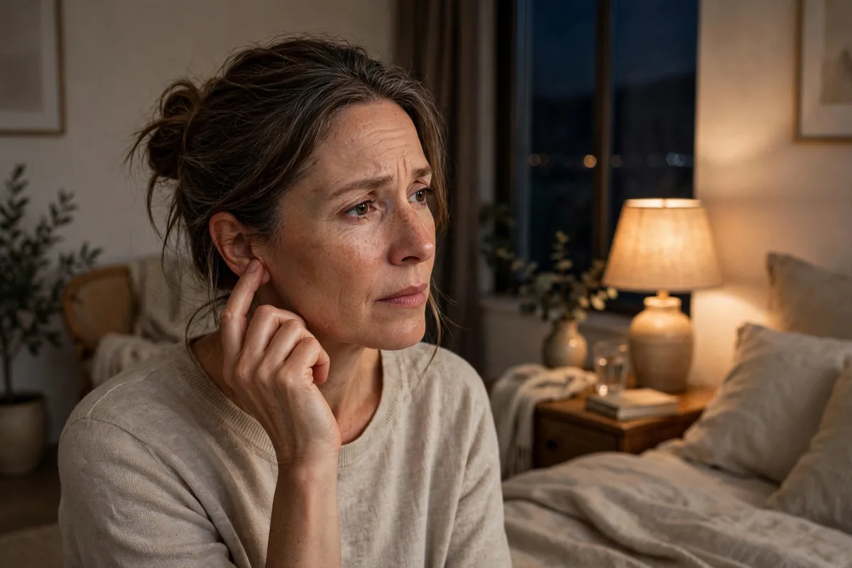 Woman in her 40s gently touching her ear in a quiet bedroom