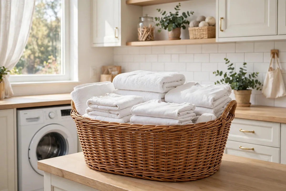 Wicker basket of folded white cotton clothes in a bright laundry room