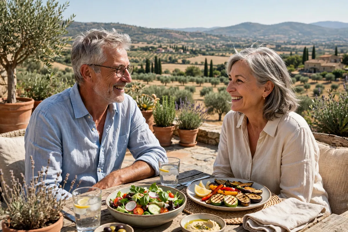 Senior couple sharing a light lunch of grilled vegetables and salad on a sunny patio
