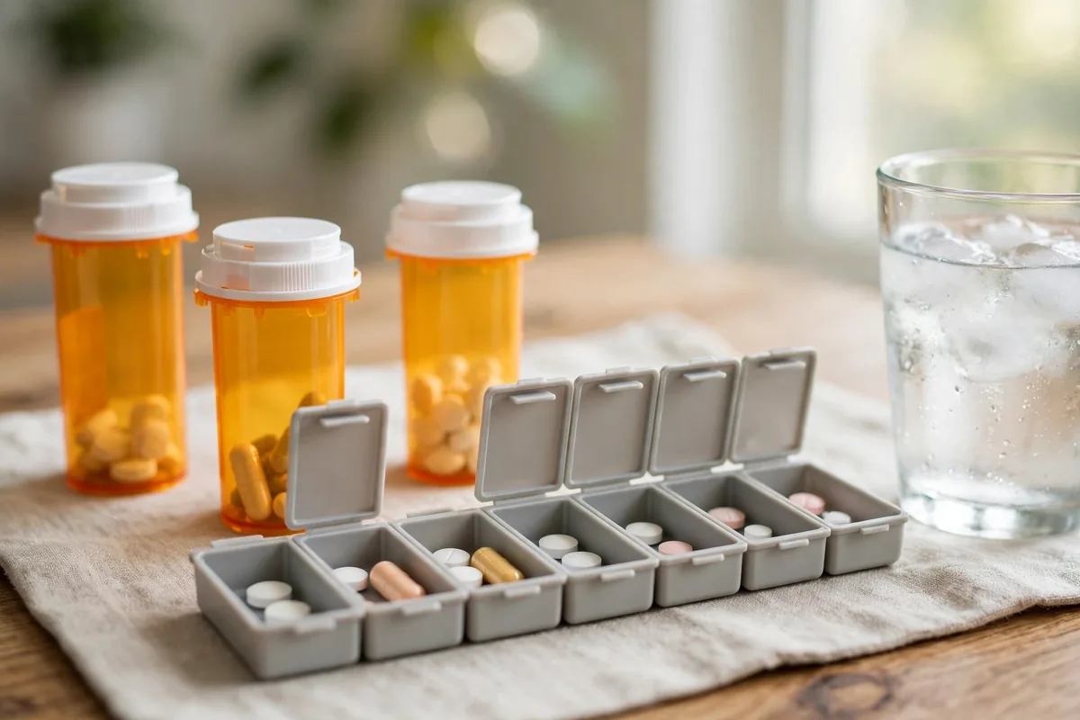 Prescription pill bottles and a weekly pill organizer