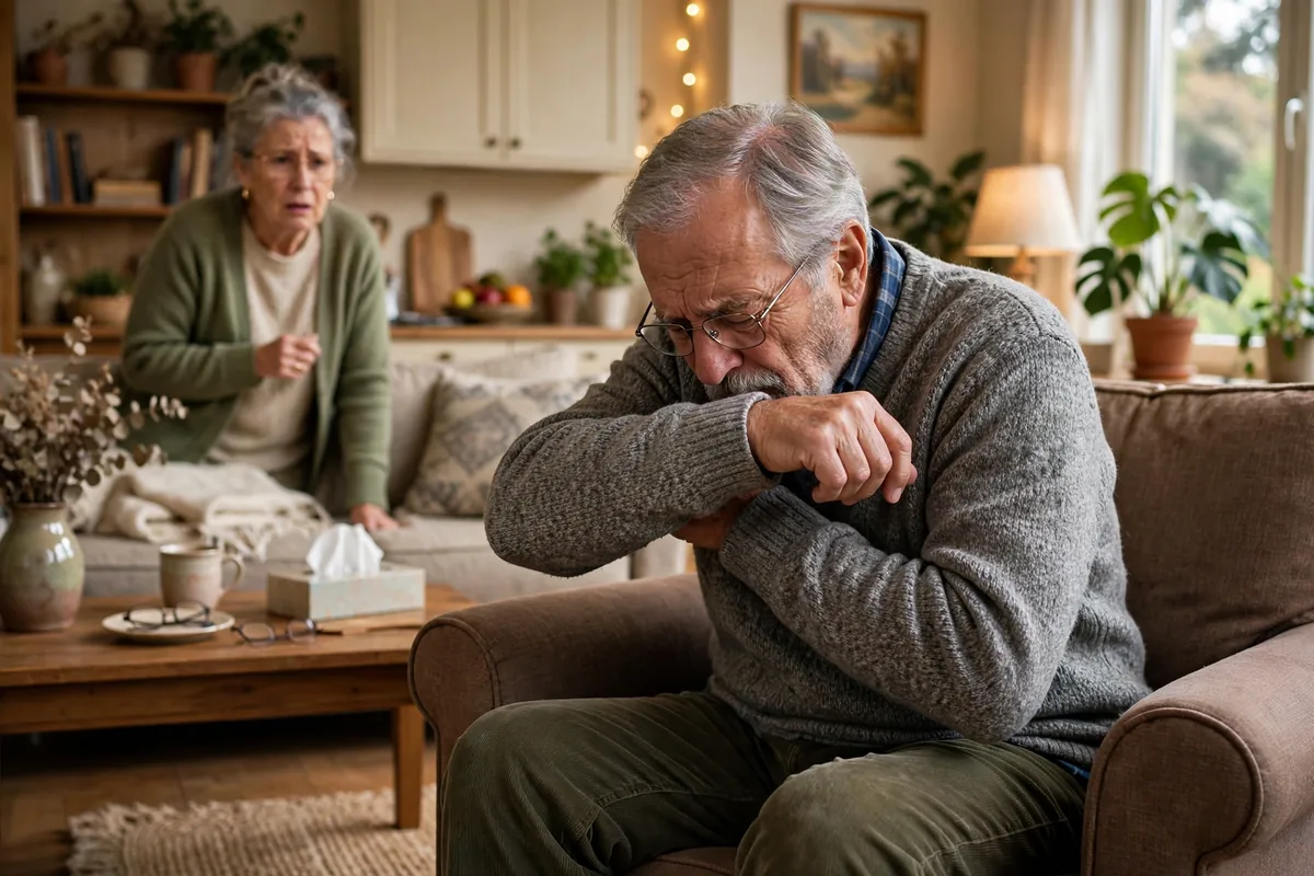 Older man coughing into his elbow at home, wife looking concerned