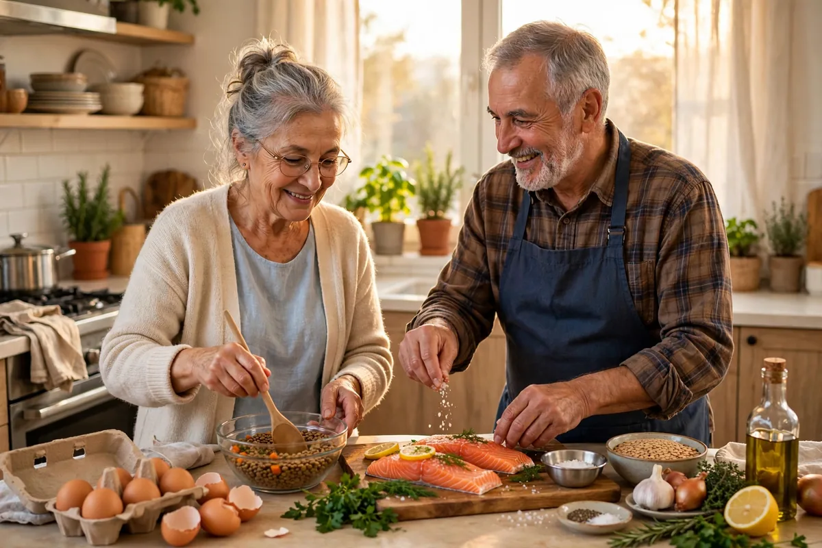 Senior couple preparing a healthy protein-rich meal together