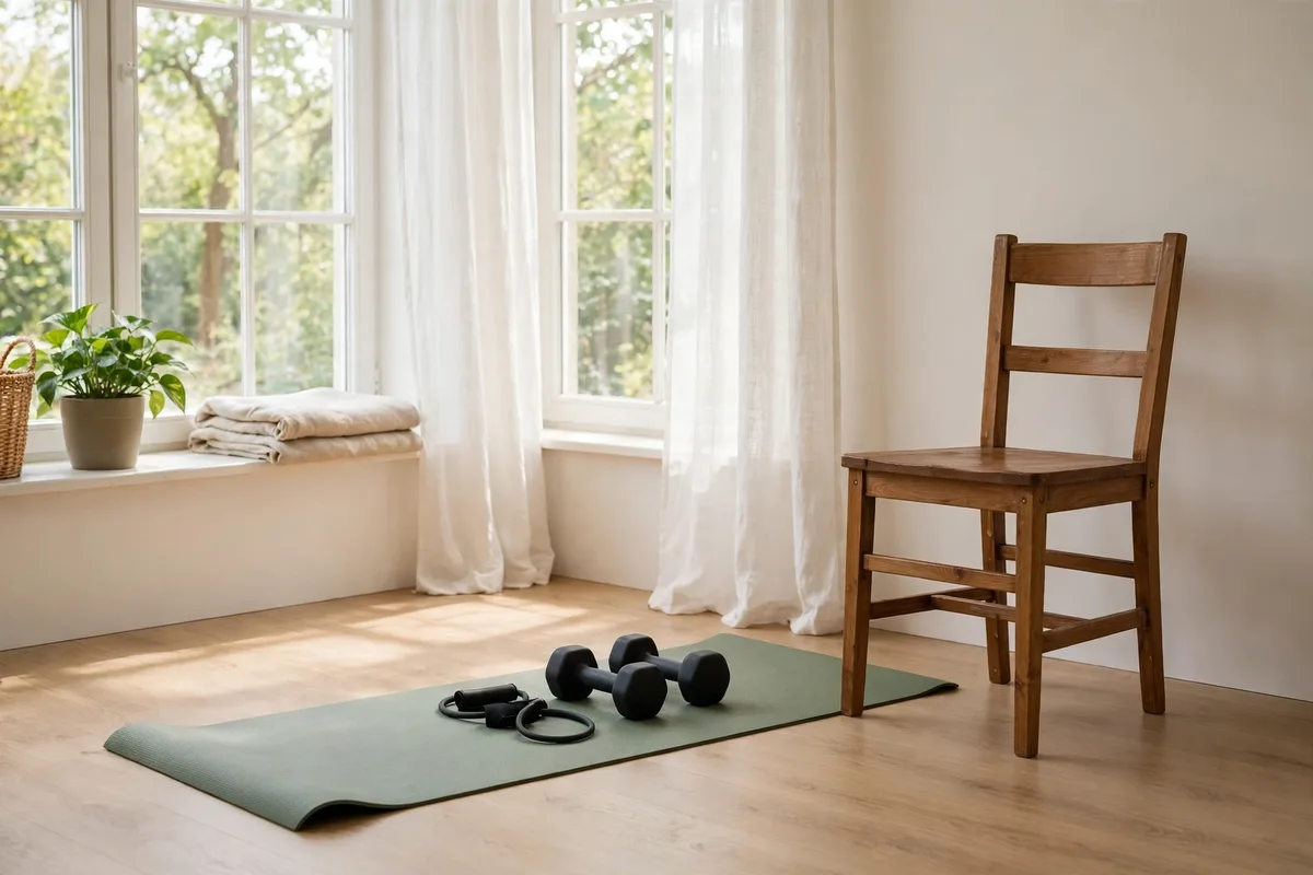 Home workout corner with a chair, mat, dumbbells and resistance band