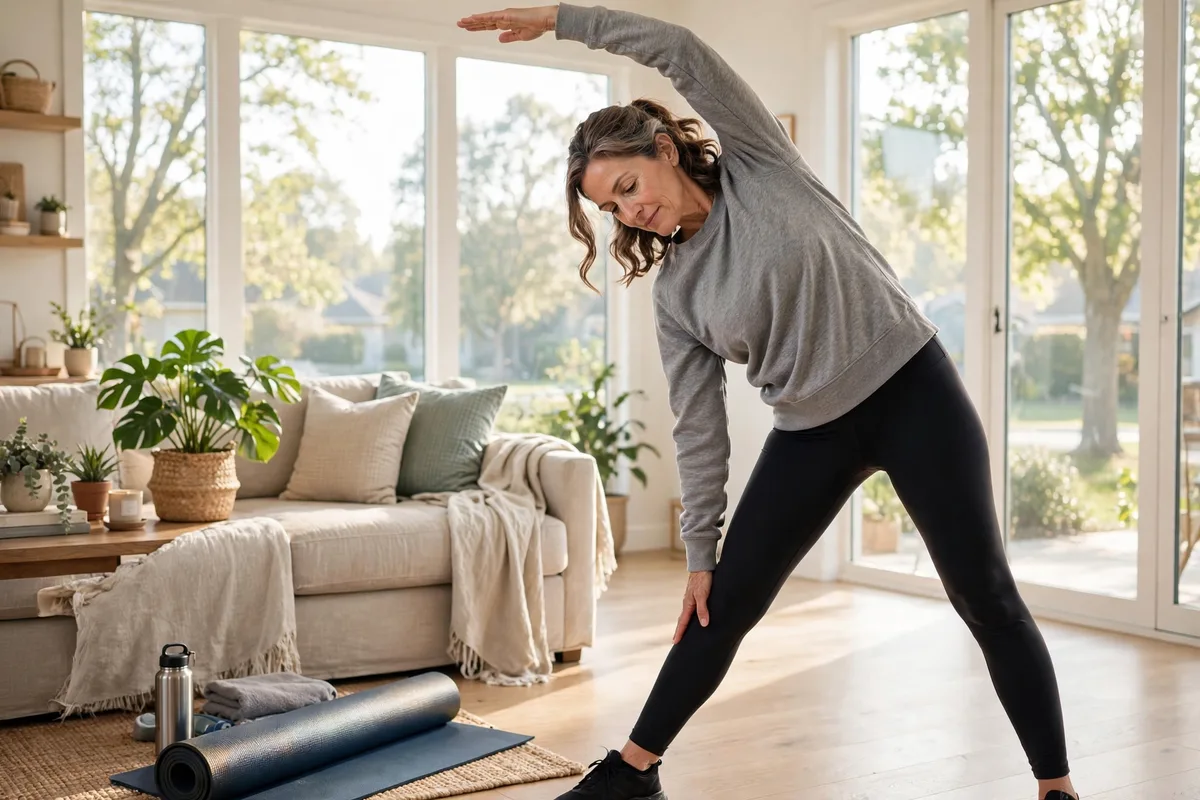 Woman in her late 50s doing a gentle standing stretch at home