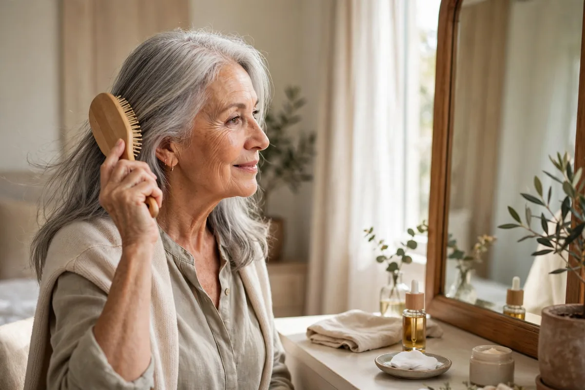 Older woman with healthy hair brushing it at a bright vanity mirror
