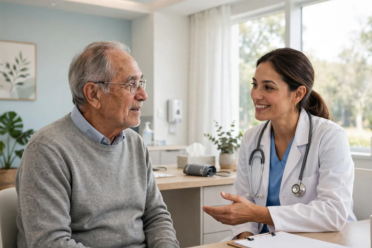 Older patient talking with a friendly doctor in a bright clinic office