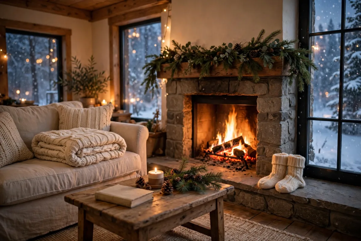 Cozy living room with fireplace, folded blanket and warm socks