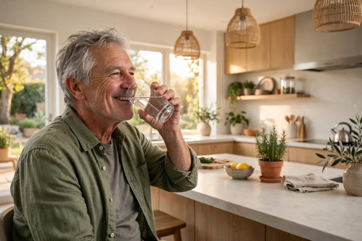 Senior man smiling and sipping water from a glass in a bright kitchen