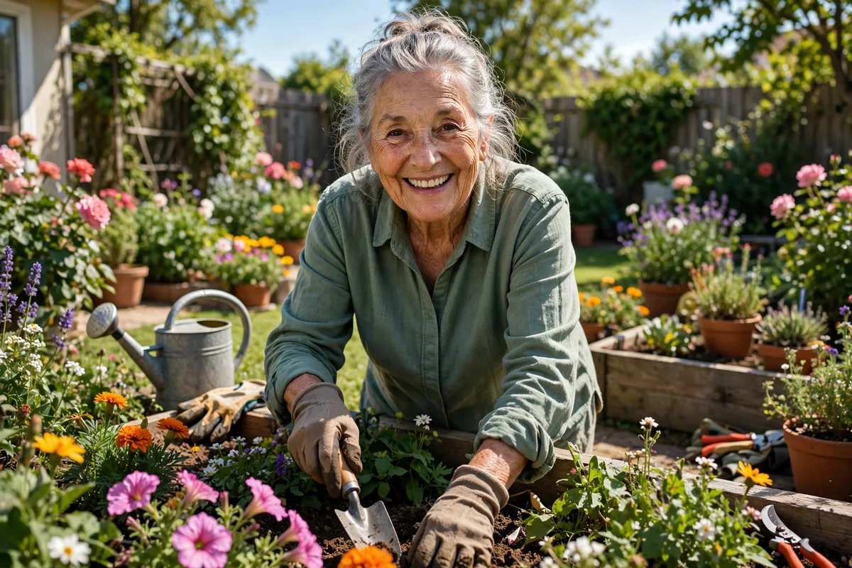 Senior woman gardening wearing long sleeves and gloves in a sunny backyard