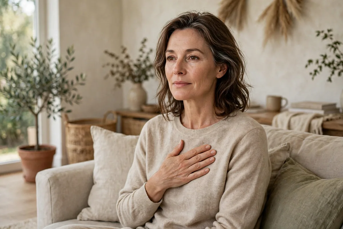 Woman in her 40s with her hand resting on her chest on a couch